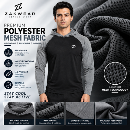 Men's full sleeves panelled hooded active tee