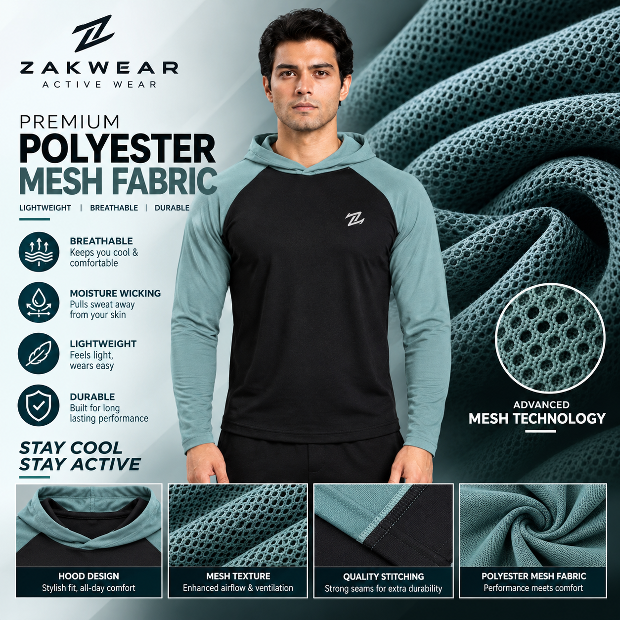 Men's full sleeves panelled hooded active tee