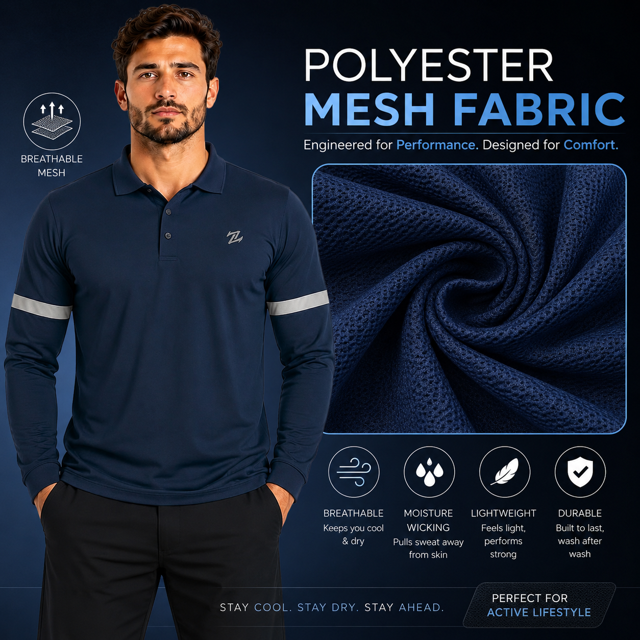 Men's classic full sleeves polo shirt by ZAKWEAR, featuring a tailored fit and ribbed collar in a solid color.