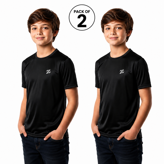 Kids pack of 2 ZAKWEAR quick-dry T-shirts, comfortable and suitable for outdoor activities, shown in vibrant colors.