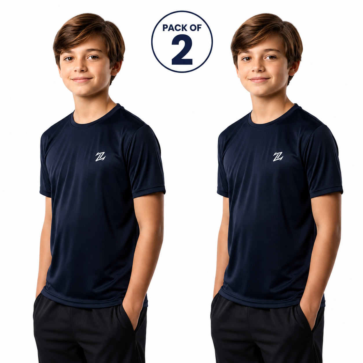 Kids pack of 2 ZAKWEAR quick-dry T-shirts, comfortable for outdoor activities, shown in bright colors with short sleeves and breathable fabric.