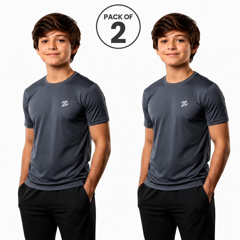 Kids pack of 2 ZAKWEAR quick-dry T-shirts, lightweight and comfortable, ideal for outdoor activities and active play.