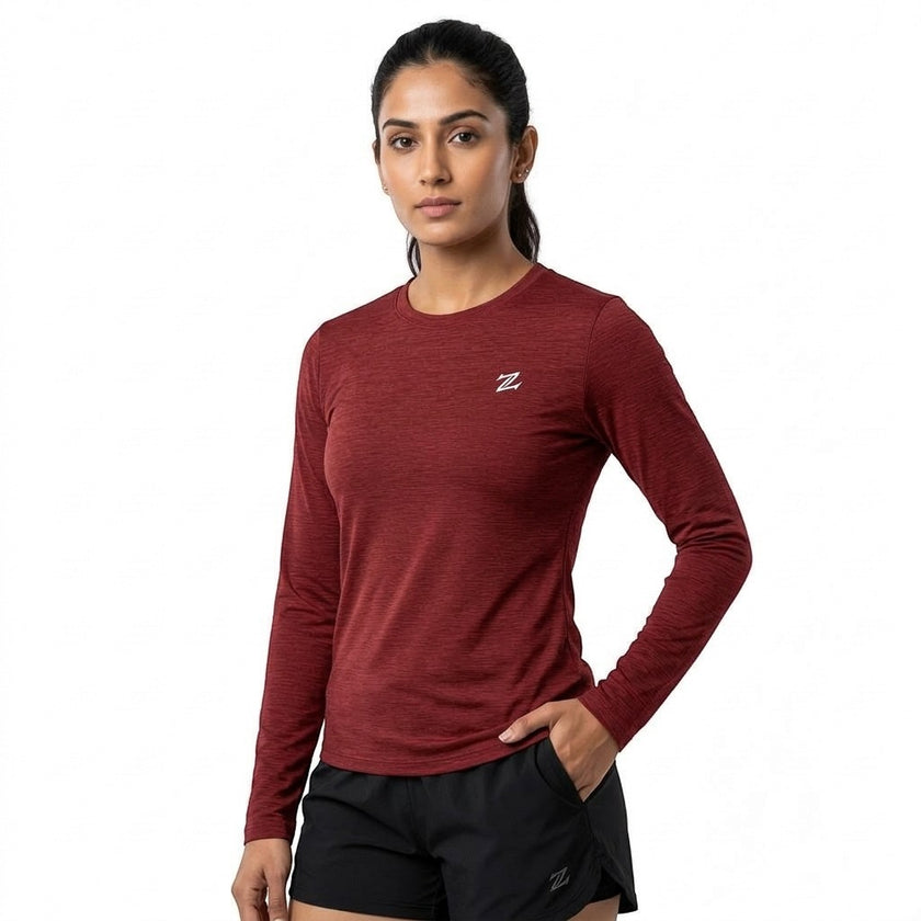 Women's Lightweight Melange Crewneck Activewear Shirt – Full Sleeve Performance Workout Top