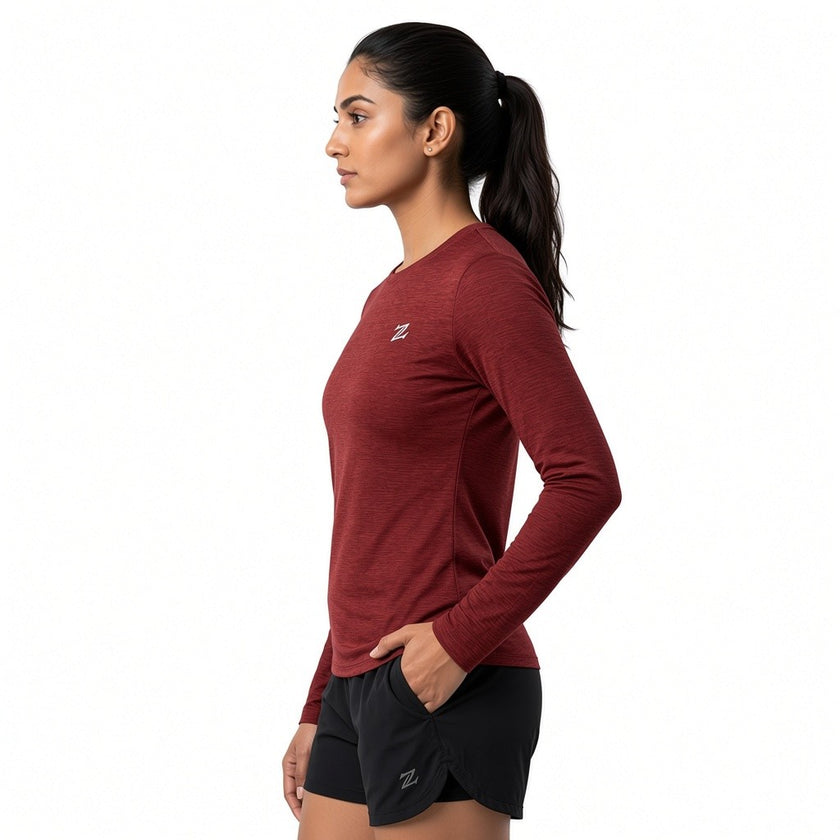 Women's Lightweight Melange Crewneck Activewear Shirt – Full Sleeve Performance Workout Top