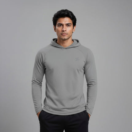 Men's black full sleeve hooded active tee by ZAKWEAR, shown laid flat with front view and comfortable fit.