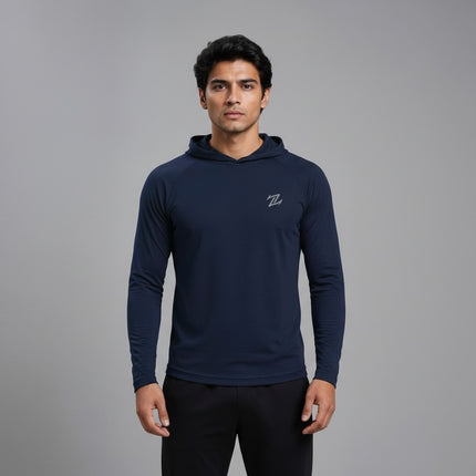 Men's full sleeves hooded active tee by ZAKWEAR, featuring a comfortable fit and sporty design in a dark color.