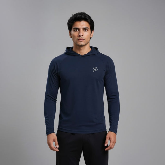 Men's full sleeves hooded active tee by ZAKWEAR, featuring a comfortable fit and sporty design in a dark color.