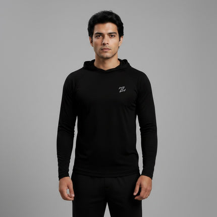 Men's full sleeves hooded active tee by ZAKWEAR, featuring a comfortable fit and sporty design in a dark color.