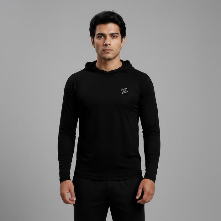 Men's full sleeves hooded active tee by ZAKWEAR, featuring a comfortable fit and sporty design in a dark color.