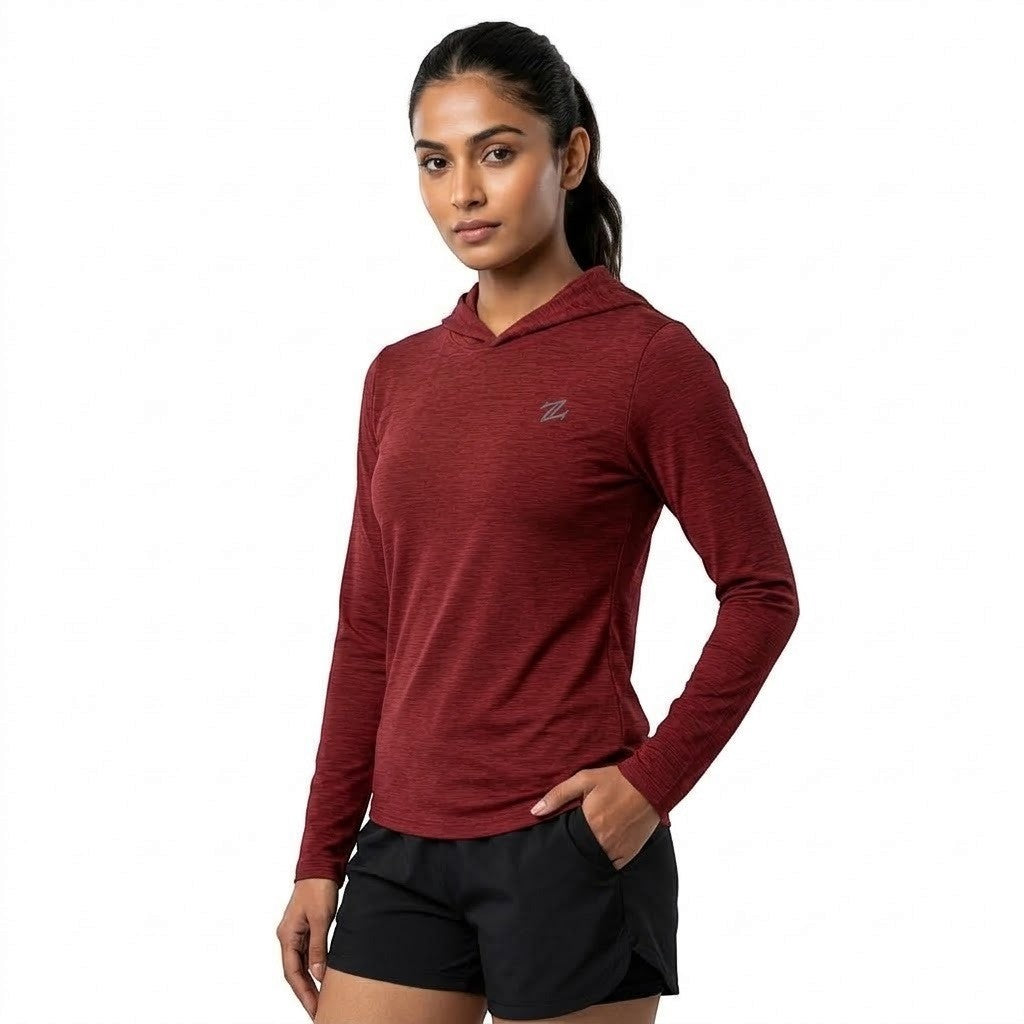 Women's Lightweight Melange Hooded Activewear Shirt – Full Sleeve Performance Workout Hoodie