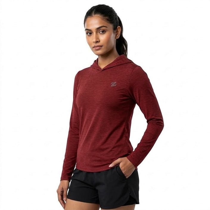Women's Lightweight Melange Hooded Activewear Shirt – Full Sleeve Performance Workout Hoodie