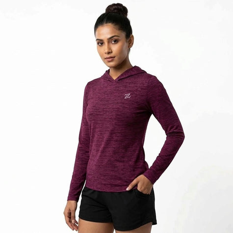 Women's Lightweight Melange Hooded Activewear Shirt – Full Sleeve Performance Workout Hoodie