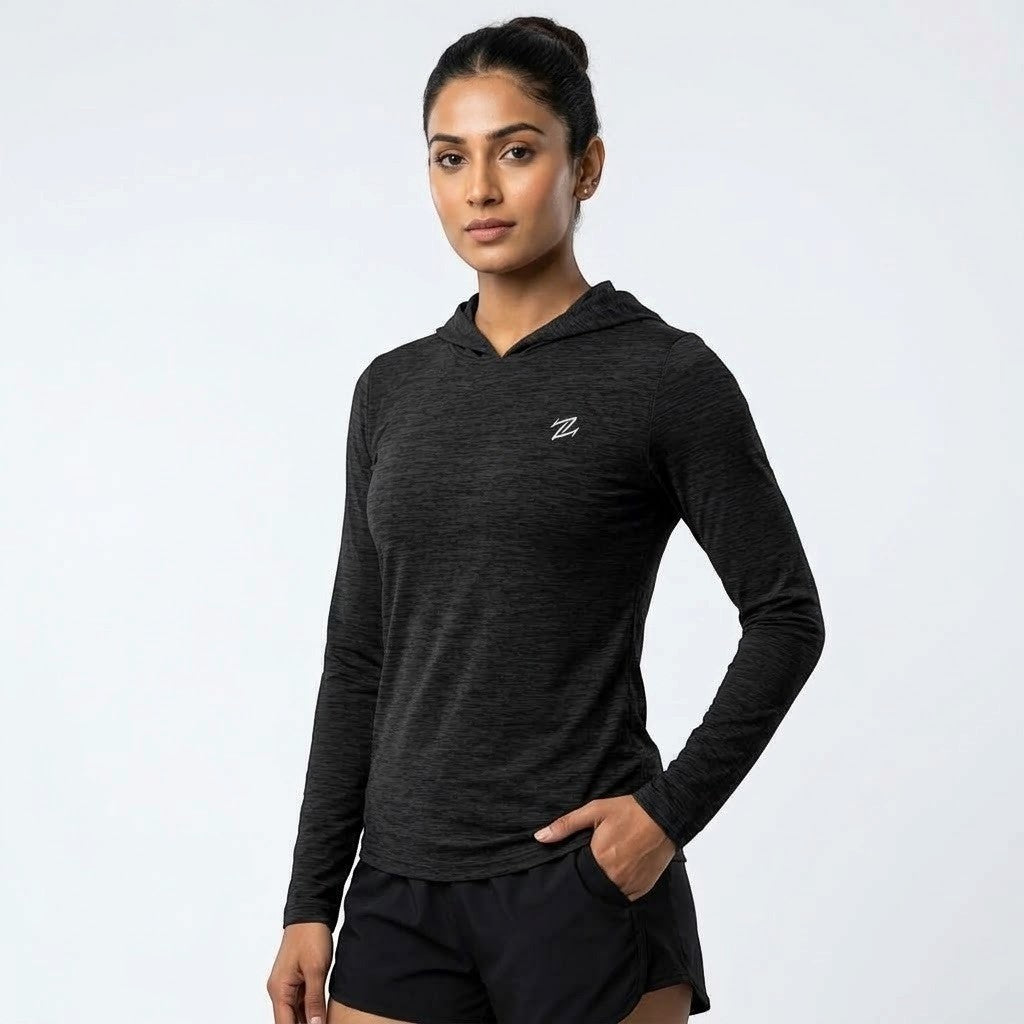 Women's Lightweight Melange Hooded Activewear Shirt – Full Sleeve Performance Workout Hoodie