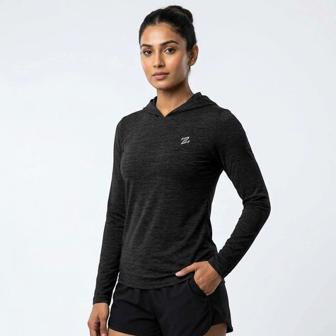 Women's Lightweight Melange Hooded Activewear Shirt – Full Sleeve Performance Workout Hoodie