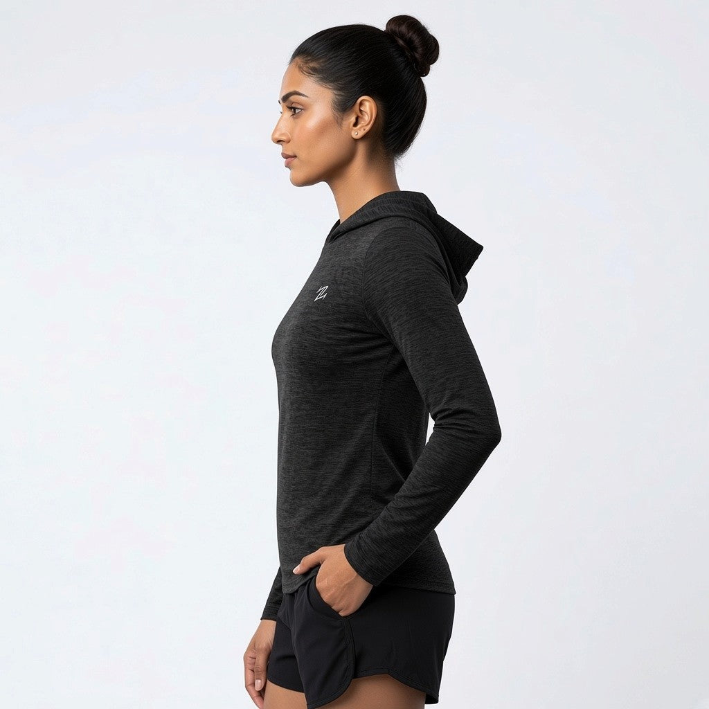 Women's Lightweight Melange Hooded Activewear Shirt – Full Sleeve Performance Workout Hoodie