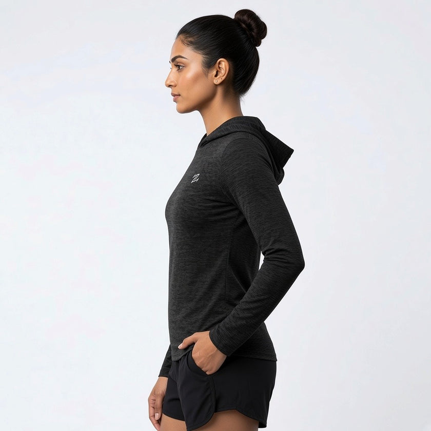 Women's Lightweight Melange Hooded Activewear Shirt – Full Sleeve Performance Workout Hoodie