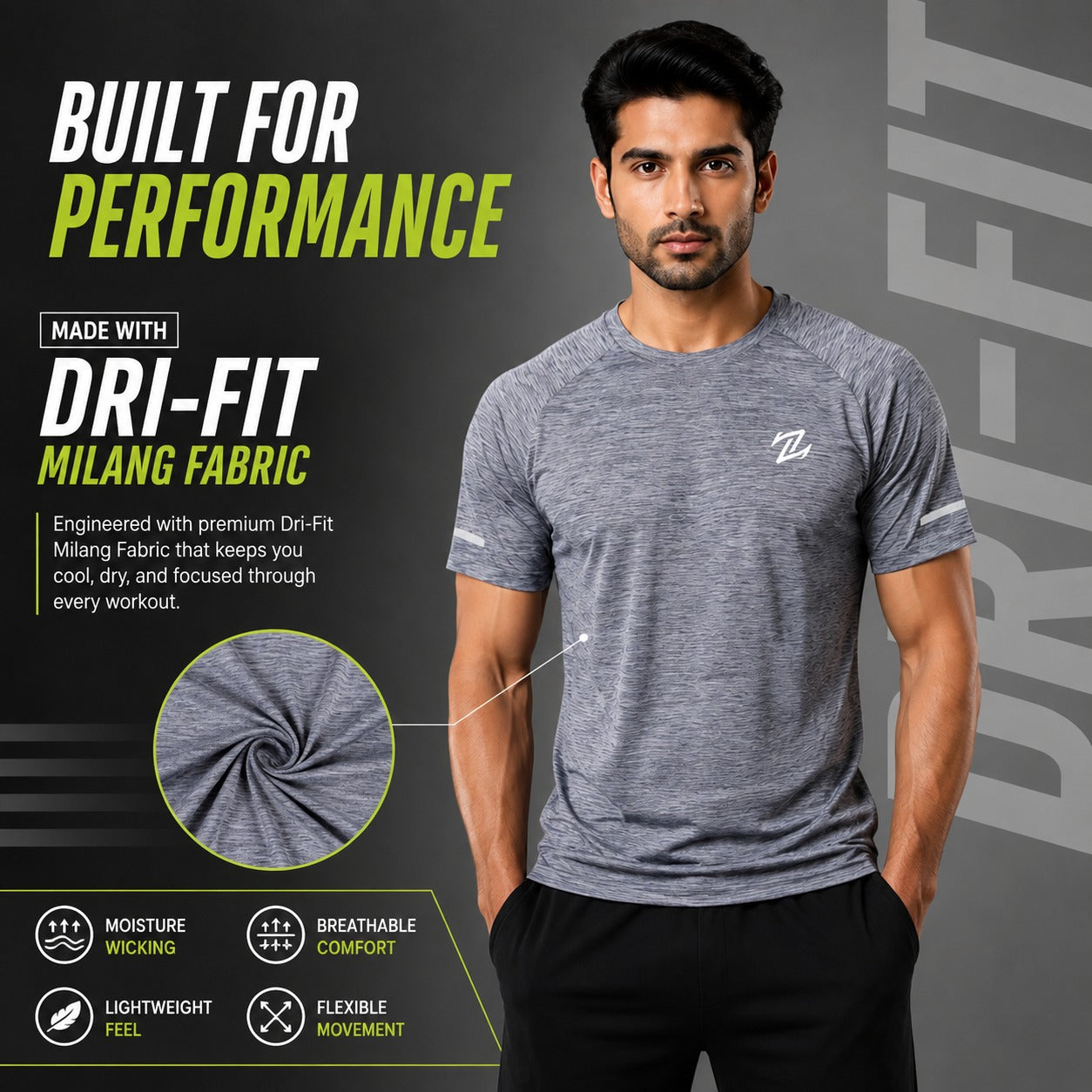 Men's active wear quick dry T-shirt by ZAKWEAR, showing a lightweight, breathable athletic tee suitable for workouts and sports.