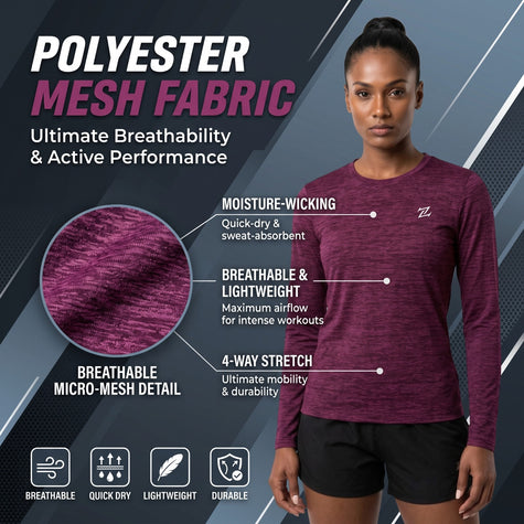 Women's Lightweight Melange Crewneck Activewear Shirt – Full Sleeve Performance Workout Top