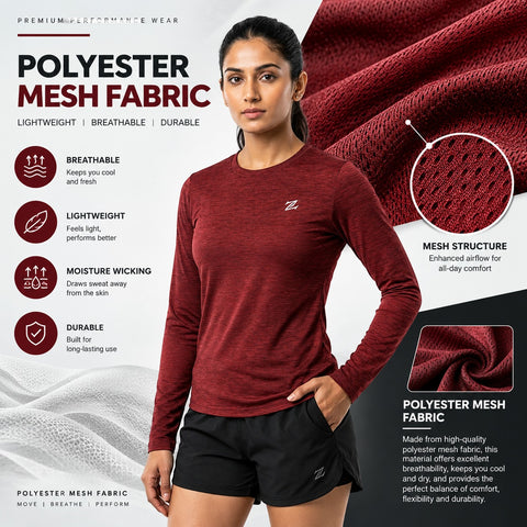 Women's Lightweight Melange Crewneck Activewear Shirt – Full Sleeve Performance Workout Top