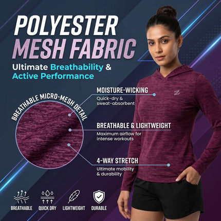 Women's Lightweight Melange Hooded Activewear Shirt – Full Sleeve Performance Workout Hoodie