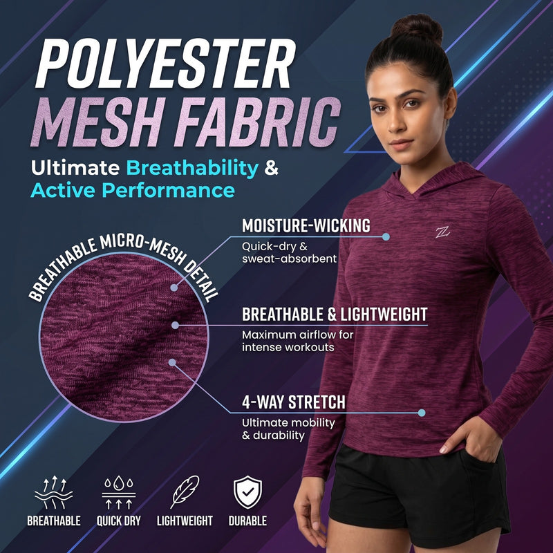 Women's Lightweight Melange Hooded Activewear Shirt – Full Sleeve Performance Workout Hoodie