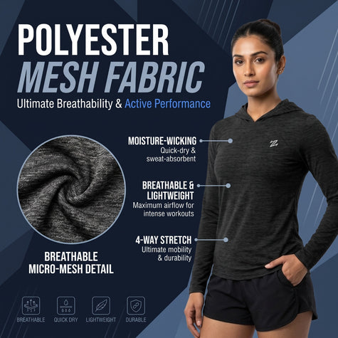 Women's Lightweight Melange Hooded Activewear Shirt – Full Sleeve Performance Workout Hoodie