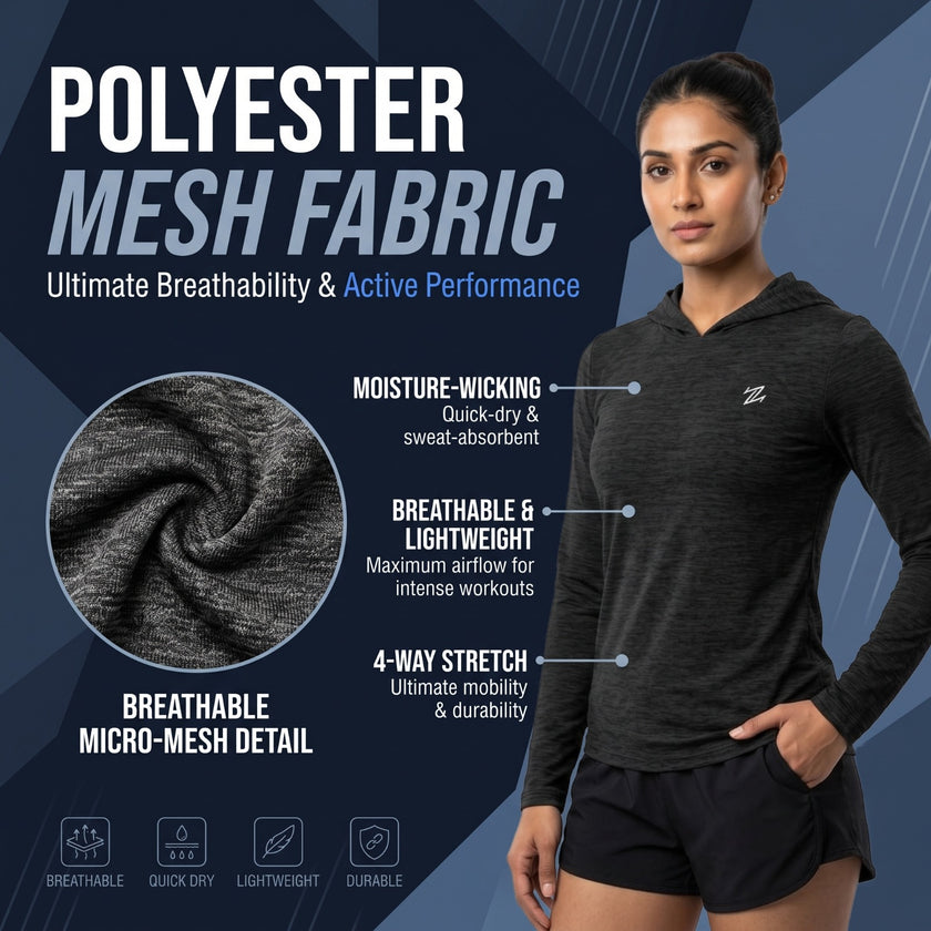 Women's Lightweight Melange Hooded Activewear Shirt – Full Sleeve Performance Workout Hoodie