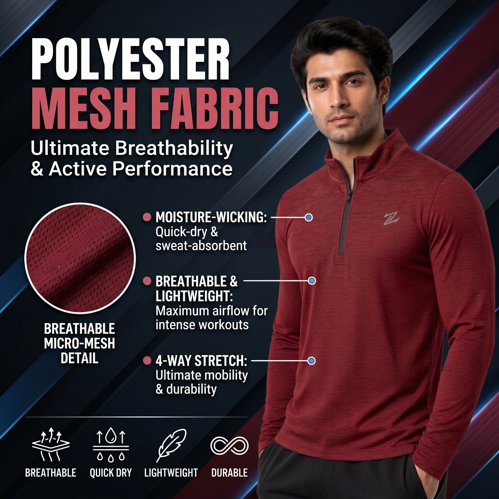 Men’s Lightweight Activewear Half-Zip Long Sleeve Performance Pullover