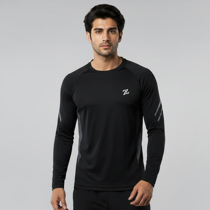 Men's full sleeves active tee by ZAKWEAR, shown in black with a fitted design and breathable fabric for athletic wear.
