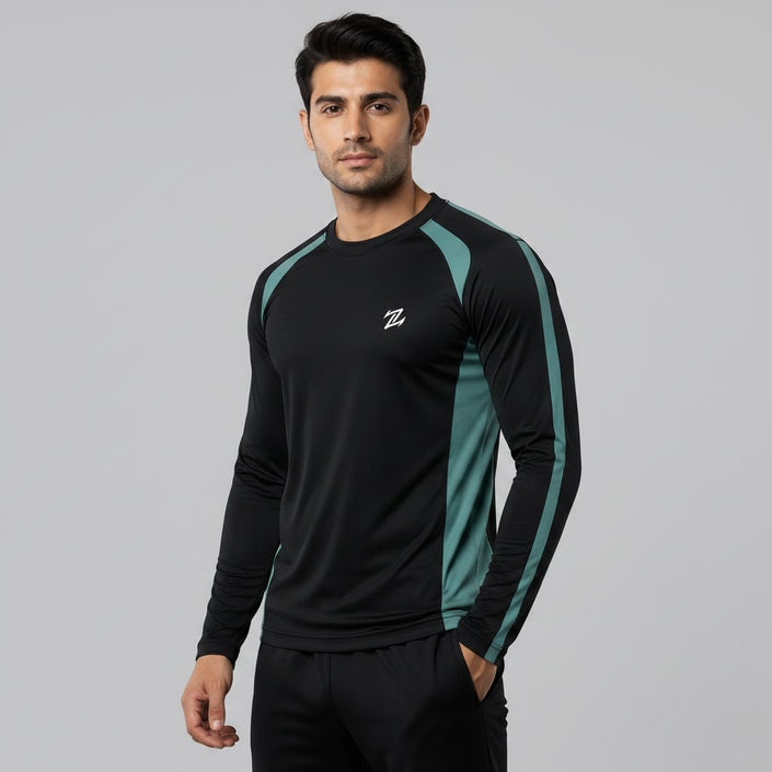 Men's full sleeves active T-shirt by ZAKWEAR, showing the comfortable fit and breathable fabric in a casual outdoor setting.