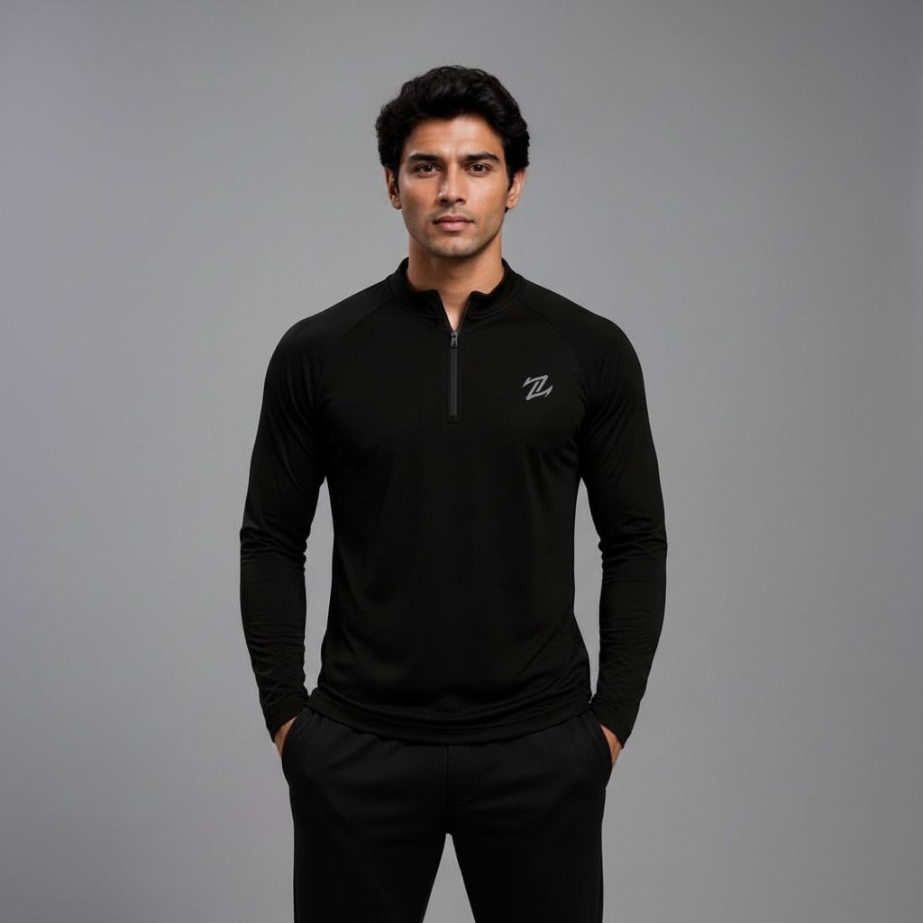 ZAKWEAR men's full sleeve active tee in black, featuring a sleek fit and breathable fabric for workout and casual wear.