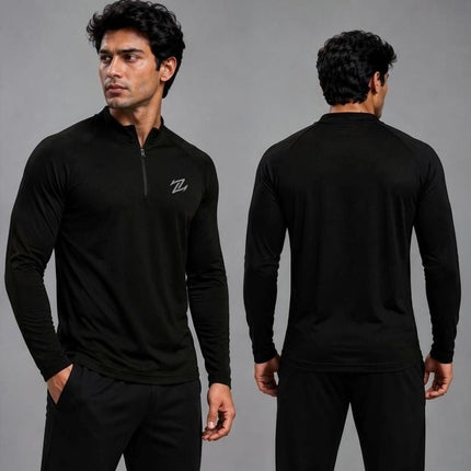 Men's ZAKWEAR full sleeves active tee, black athletic shirt with moisture-wicking fabric and reflective logo, shown on a mannequin.