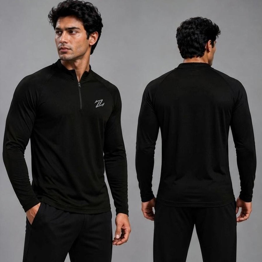 Men's ZAKWEAR full sleeves active tee, black athletic shirt with moisture-wicking fabric and reflective logo, shown on a mannequin.