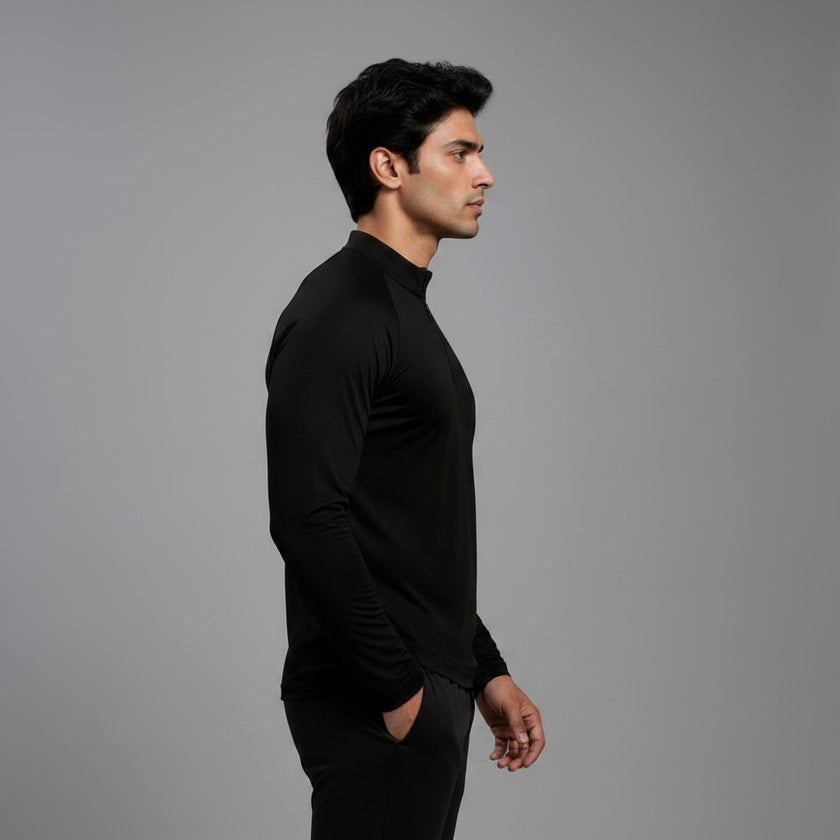 Men's full sleeves active tee by ZAKWEAR, shown in black with a fitted design and breathable fabric for workout comfort.