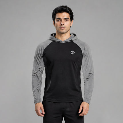 Men's full sleeves panelled hooded active tee