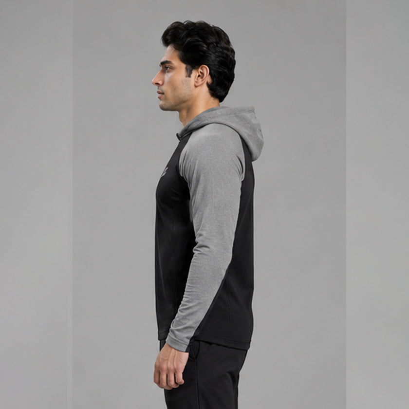 Men's full sleeves panelled hooded active tee