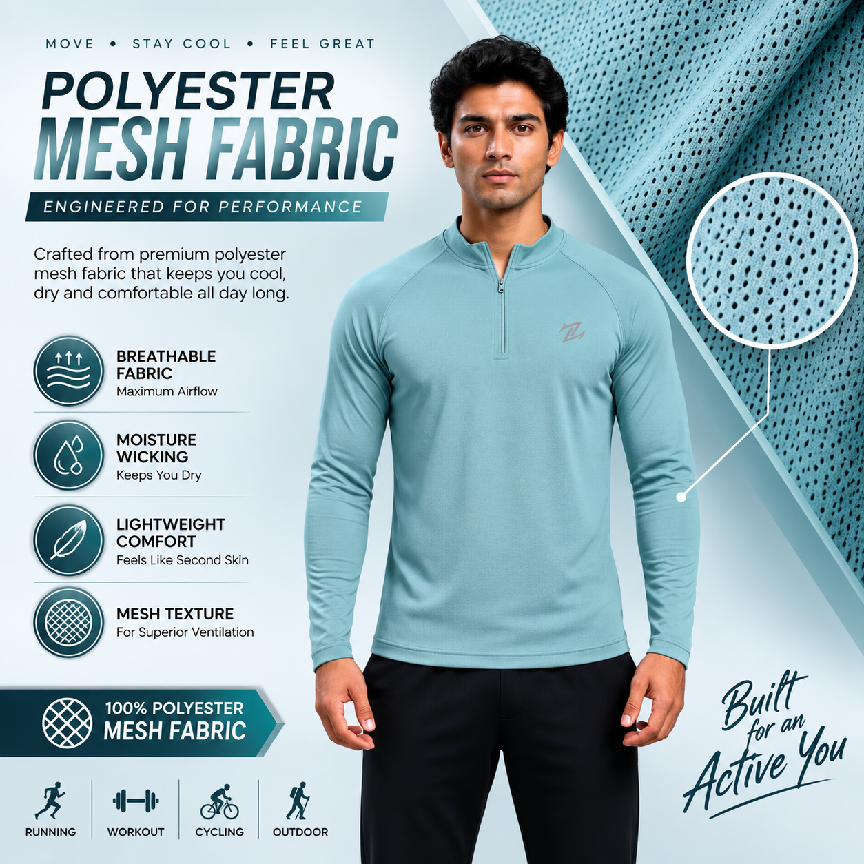 Men's ZAKWEAR full sleeves active tee in breathable fabric, shown flat with front view and crew neckline.