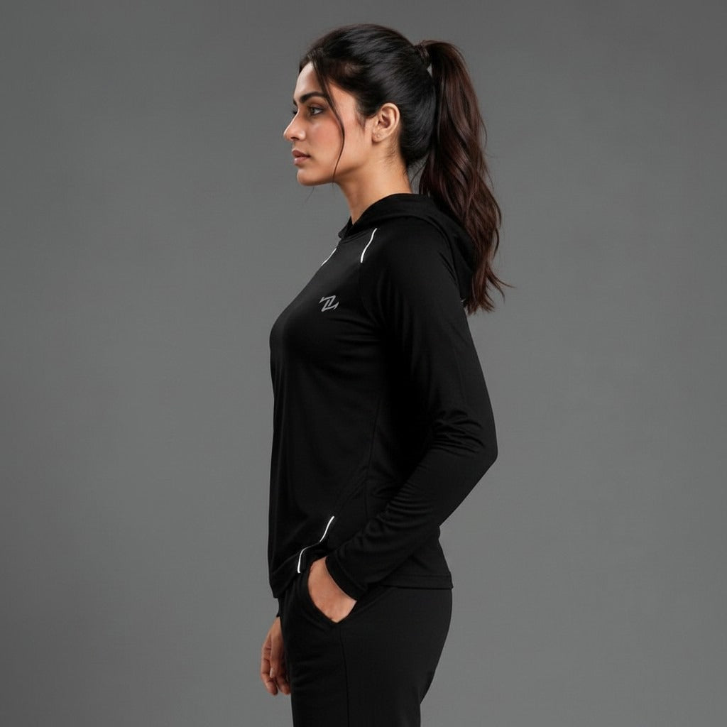 Women's full sleeves hooded shirt with reflective strips by ZAKWEAR, shown in a casual fit with a hood and long sleeves.