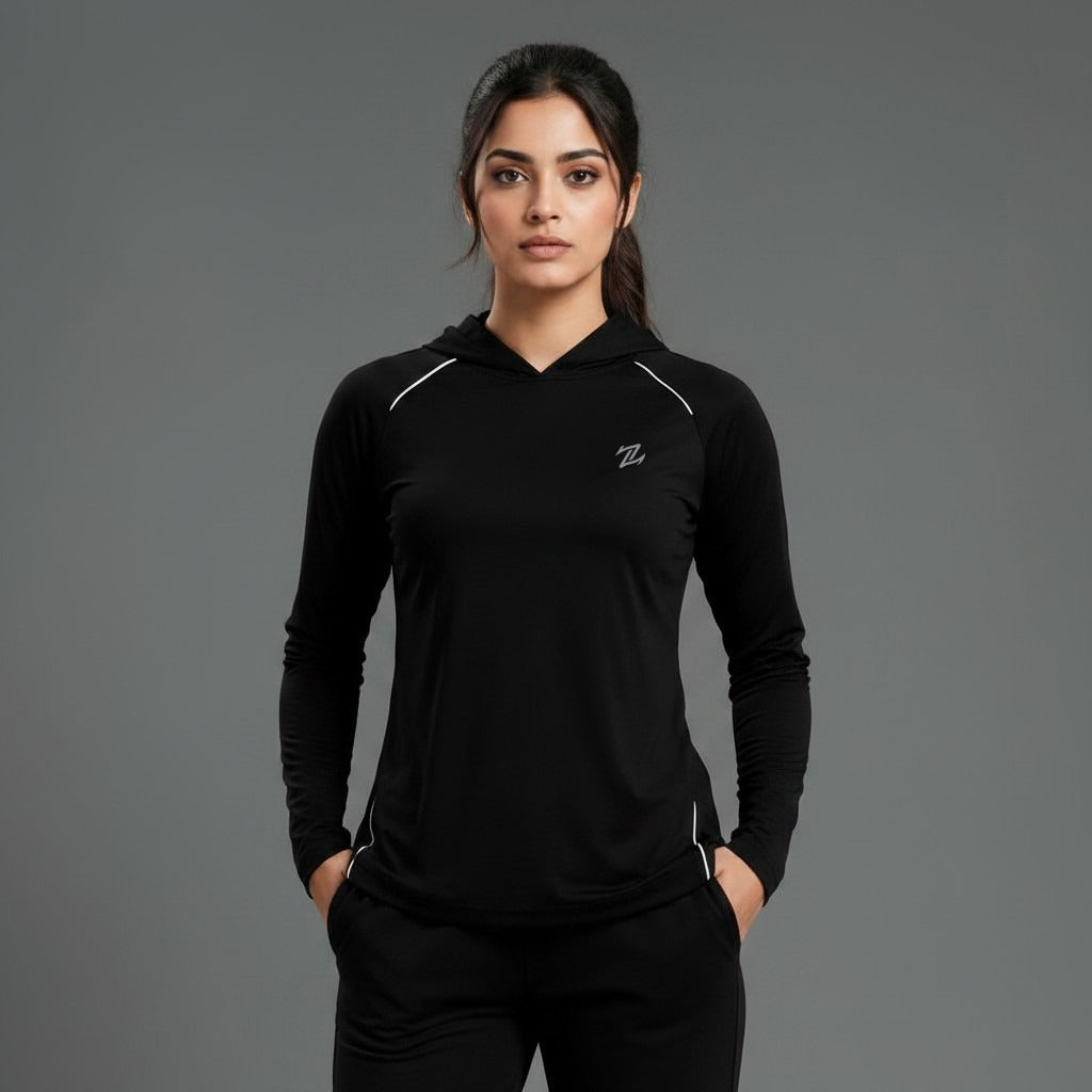 Women's full sleeves hooded shirt with reflective strips by ZAKWEAR, featuring a hood, long sleeves, and safety reflective details.