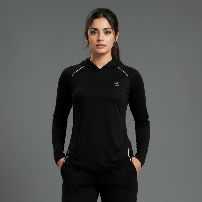 Women's full sleeves hooded shirt with reflective strips by ZAKWEAR, featuring a hood, long sleeves, and safety reflective details.