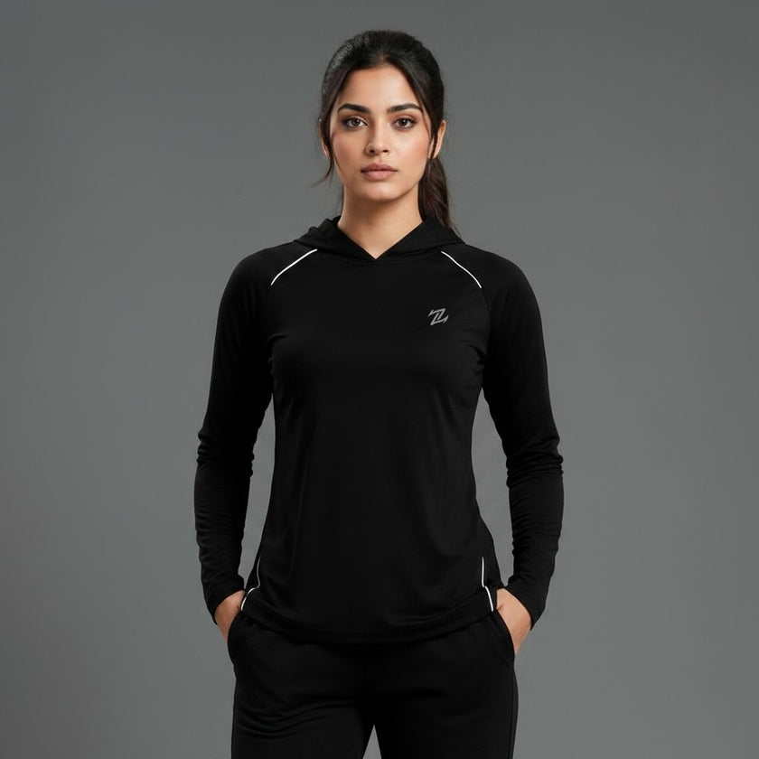 Women's full sleeves hooded shirt with reflective strips by ZAKWEAR, featuring a hood, long sleeves, and safety reflective details.