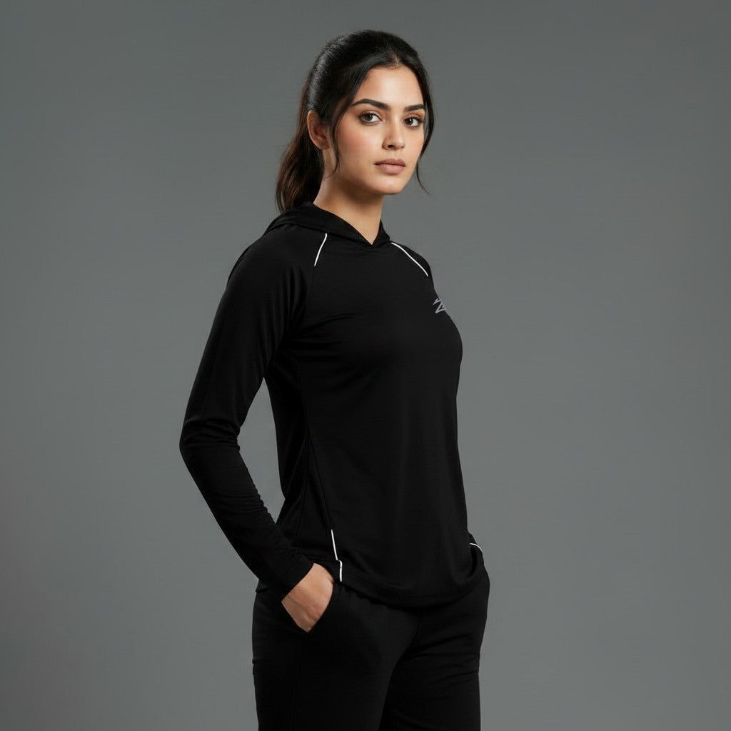Women’s full-sleeve hooded shirt with reflective strips by ZAKWEAR, featuring a comfortable fit and safety details.