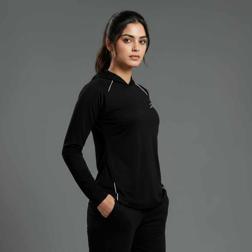 Women’s full-sleeve hooded shirt with reflective strips by ZAKWEAR, featuring a comfortable fit and safety details.