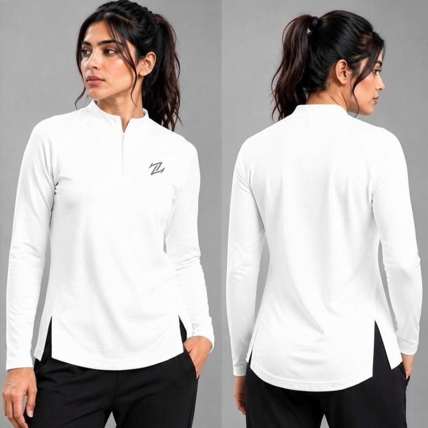 Women’s full-sleeves shirt by ZAKWEAR, showcasing a casual, long-sleeve design with a collar and button-down front.