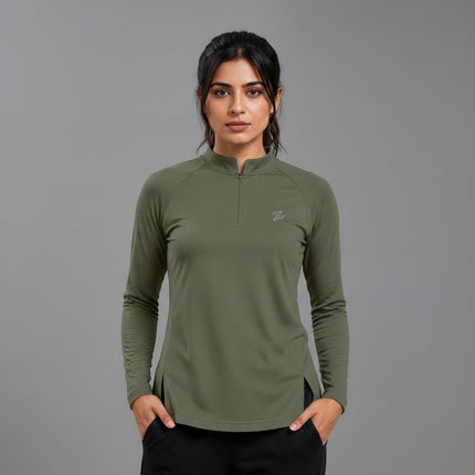 Women's full sleeves shirt by ZAKWEAR, featuring a casual fit with button front and long sleeves, shown in a neutral color.