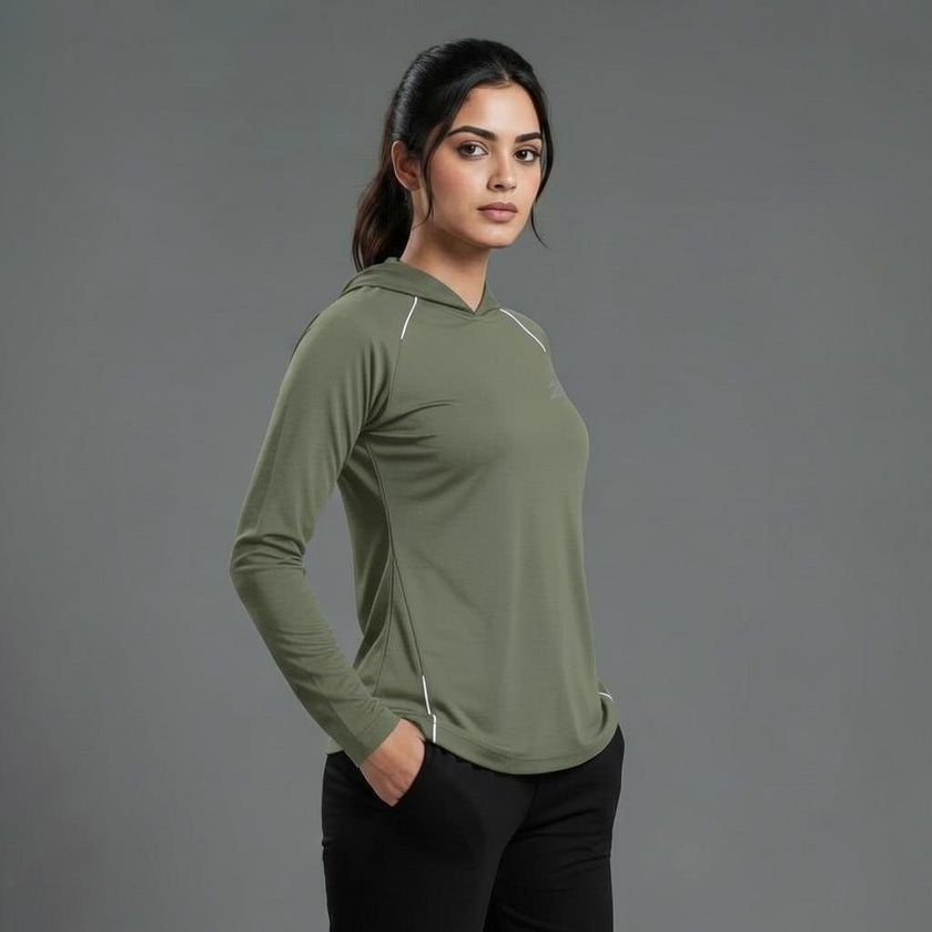 Women's full sleeve hooded shirt with reflective strips from ZAKWEAR, featuring a comfortable fit and safety-reflective detailing.