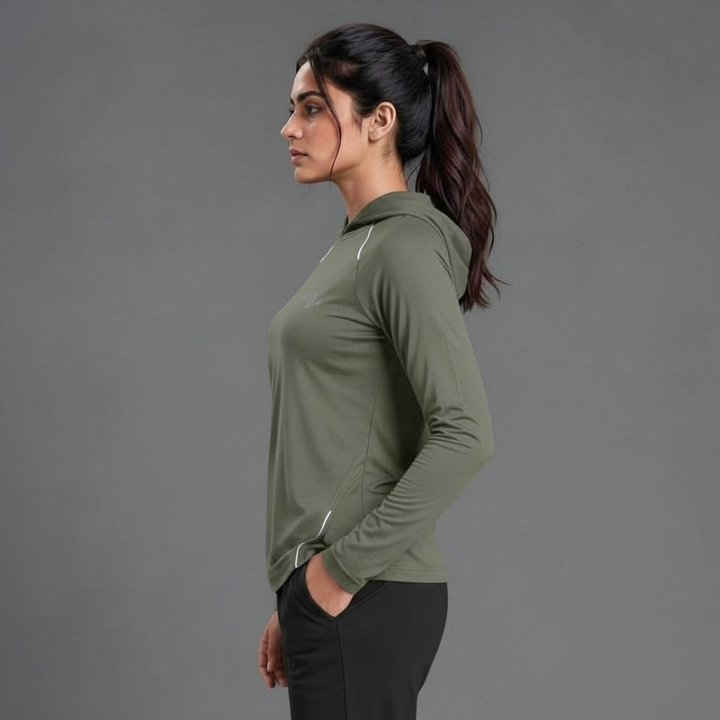 Women's full-sleeve hooded shirt with reflective strips by ZAKWEAR, showing a black shirt with reflective accents on the sleeves.