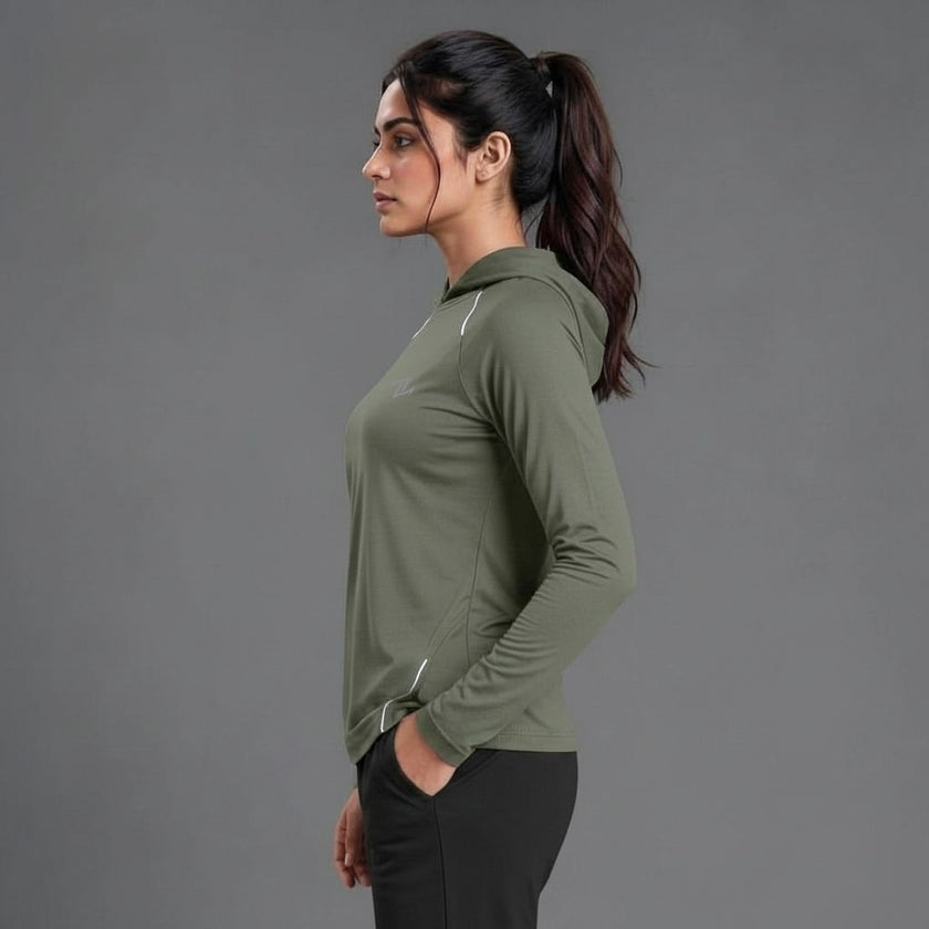 Women's full-sleeve hooded shirt with reflective strips by ZAKWEAR, showing a black shirt with reflective accents on the sleeves.