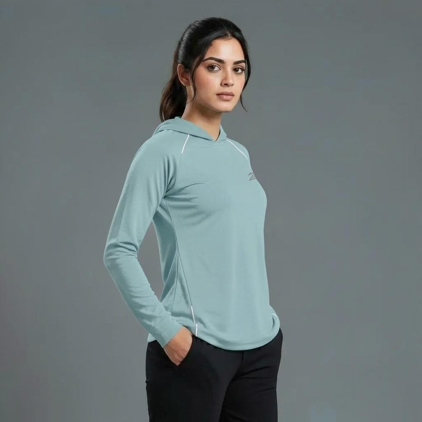 Women's full sleeves hooded shirt with reflective strips by ZAKWEAR, featuring a comfortable fit and functional reflective detailing.