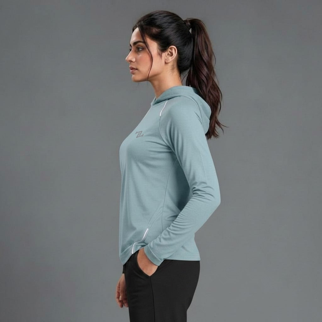 Women's full-sleeve hooded shirt with reflective strips by Zakwear, featuring a comfortable fit and safety-enhancing reflective details.